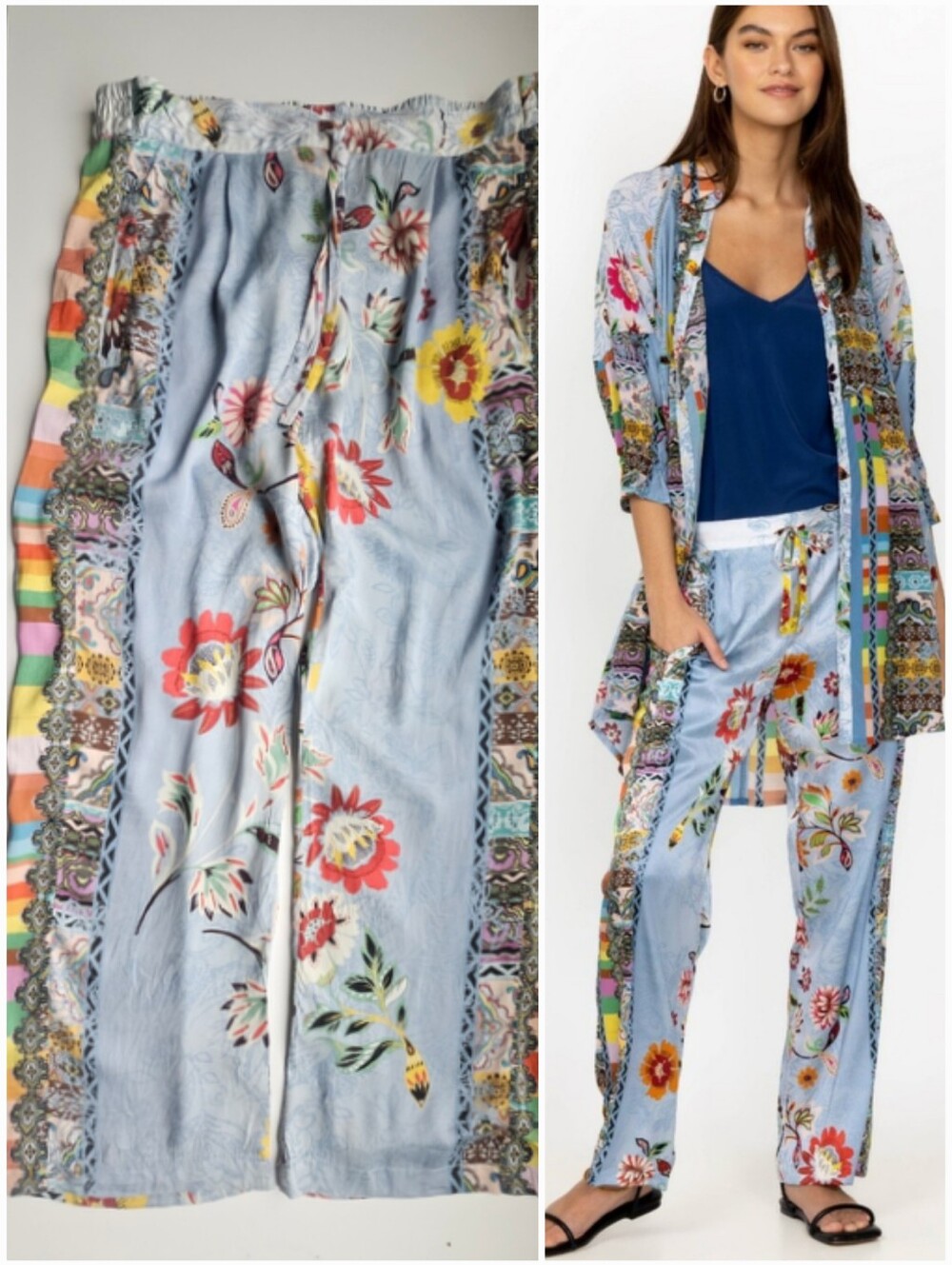 Johnny Was Rainbow Liza Colorful Silk Flowey Drawstring Pants